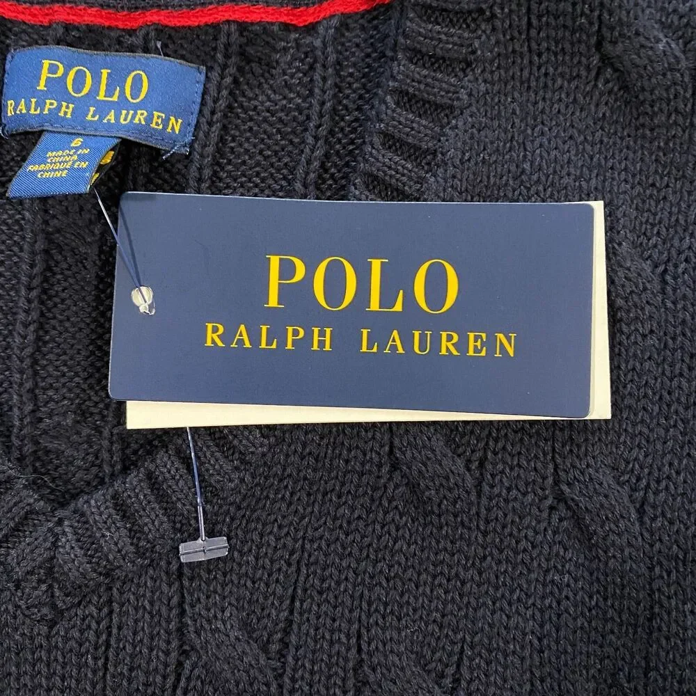 Polo Ralph Lauren Cable Knit V-Neck Sweater Vest Youth Boys 6 Navy Blue Red Pony - Picture 5 of 14